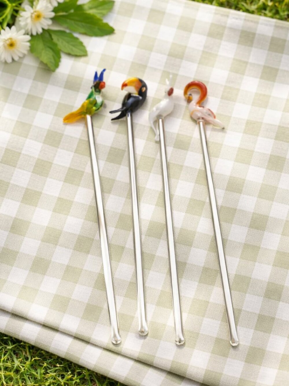 Little Tropical Birds‎ Set of 4 Glass Stir Sticks - Made in Mexico